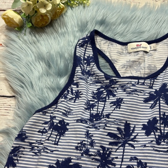 Vineyard Vines Tropical Palm Print Racerback Swing Dress Nlue Sz L - Picture 2 of 9
